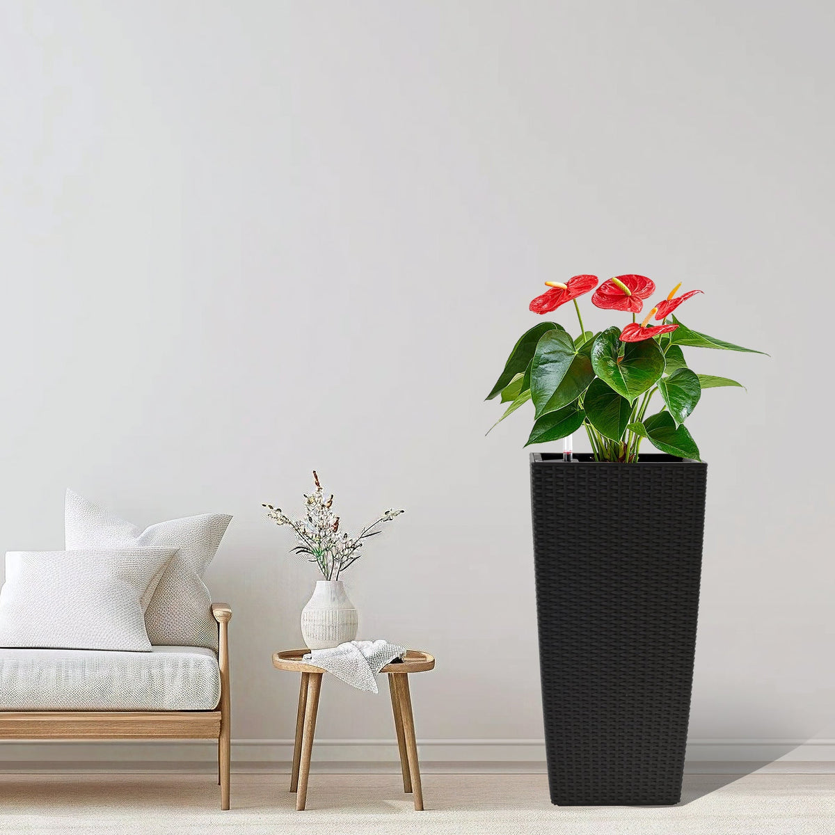 Square Planters with Automatic Watering System - Faux Rattan, Pack of 2