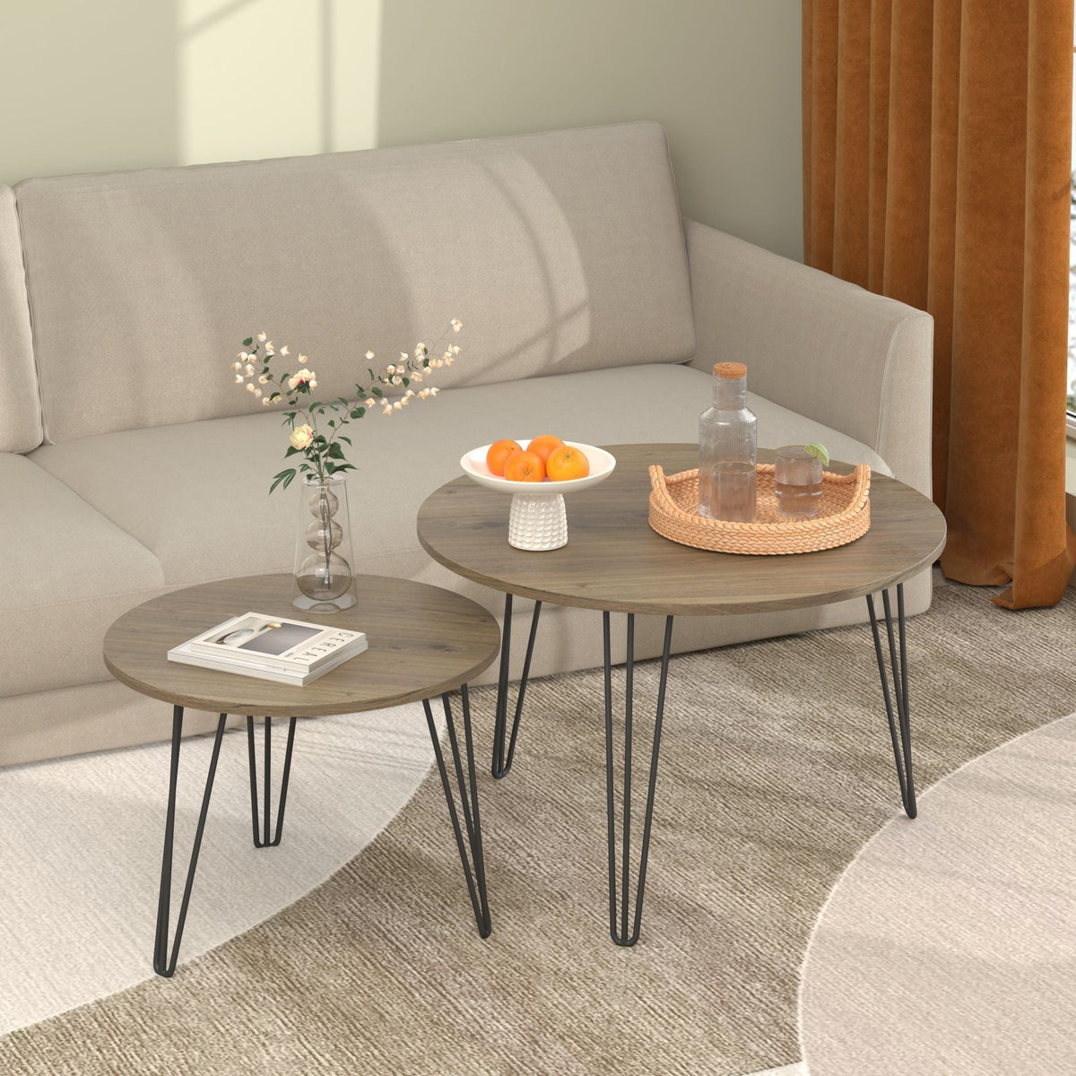 Rustic Round Nesting Coffee Table Set of 2 with Metal Frame - White, Black, Light Brown