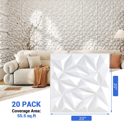 20-Pack 3D Wall Panels with Decorative Diamond Patterns-White