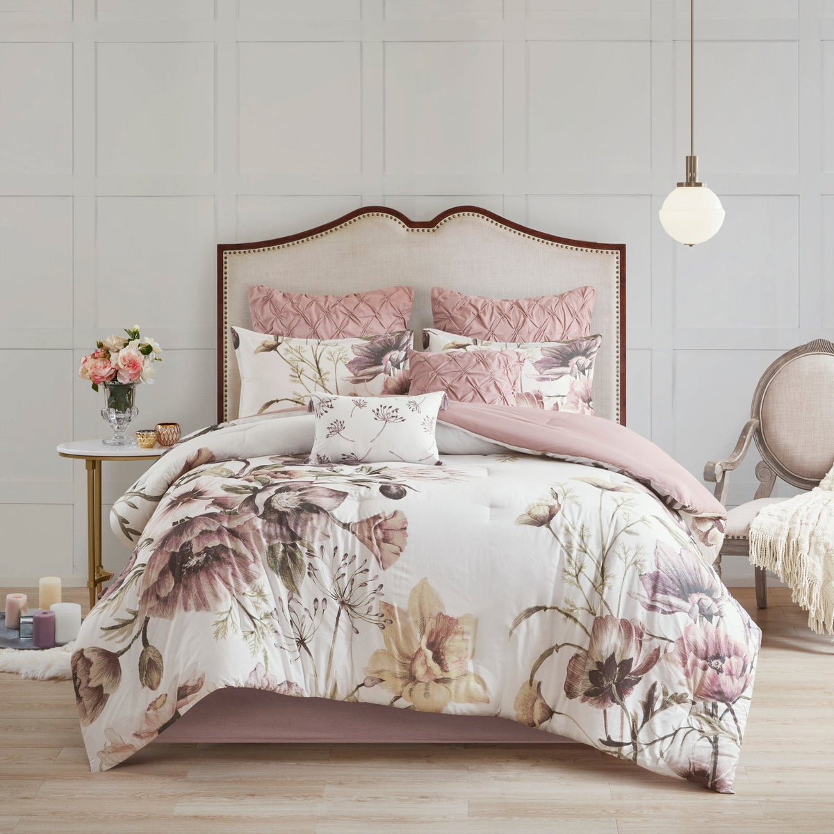 8 Piece Cotton Printed Comforter Set with Embroidered Pillows - Blush