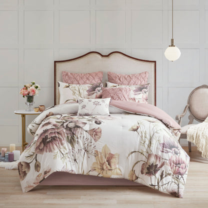 8 Piece Cotton Printed Comforter Set with Embroidered Pillows - Blush