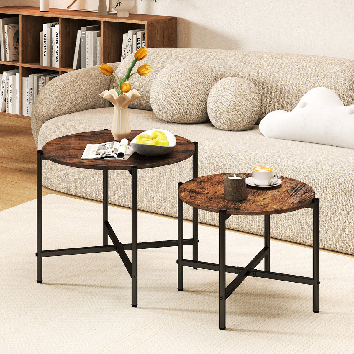 Round Coffee Table Set of 2 with Heavy-Duty Metal Frame