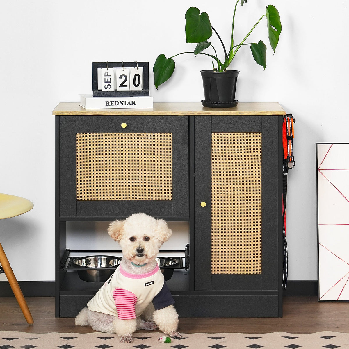 Feeding Station with 2 Lockers and Elevated Bowls - Black
