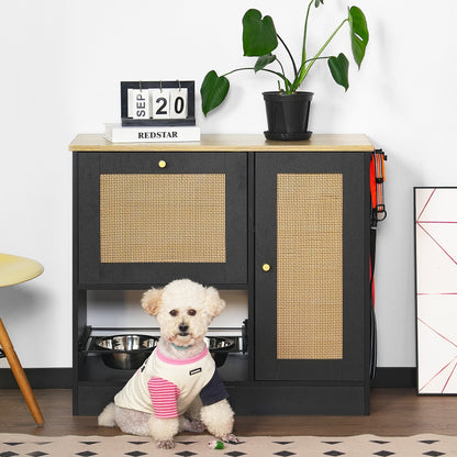 Feeding Station with 2 Lockers and Elevated Bowls - Black