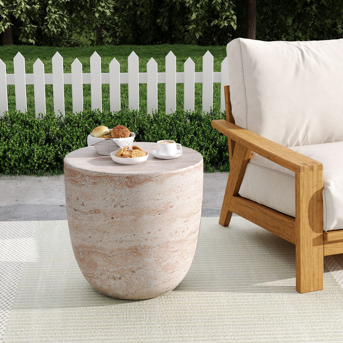 Lightweight Concrete Side Table with Travertine Finish - Beige