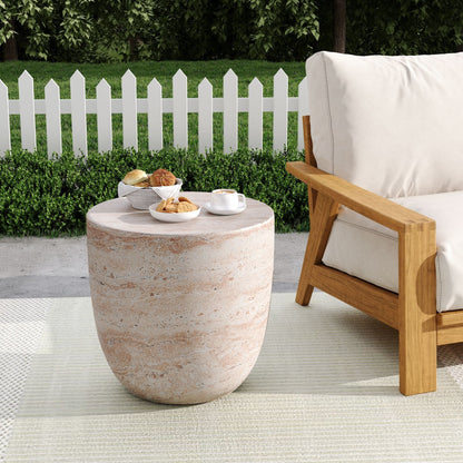 Lightweight Concrete Side Table with Travertine Finish - Beige