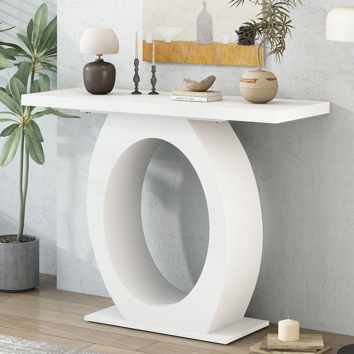 Beige Wood Console Table with Oval Base and Reinforced Bottom Plate