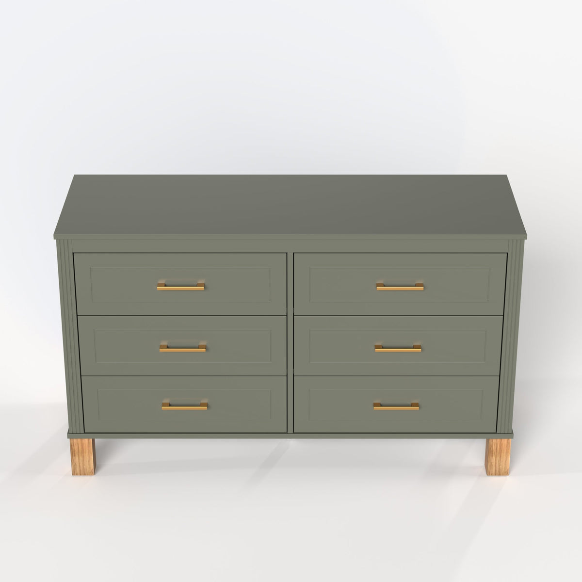 6-Drawer Double Dresser with Solid Wood Legs - Olive