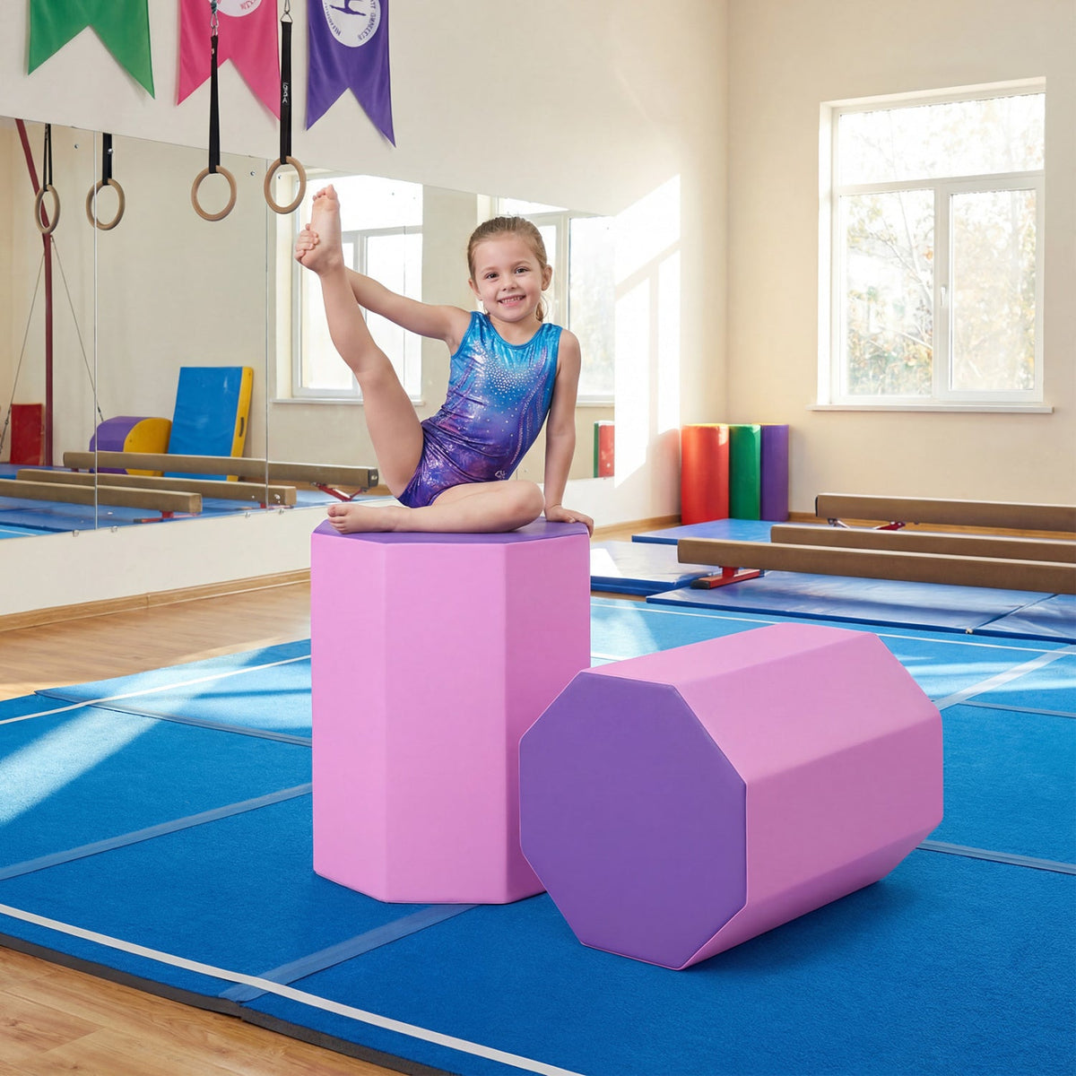 22.5" x 26" Octagon Tumbling Mat with Zippered Cover and Thick Foam Filling-Pink