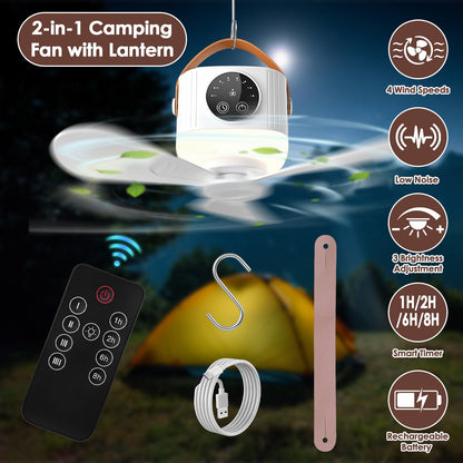 Rechargeable Tent Ceiling Fan with LED Light & Remote