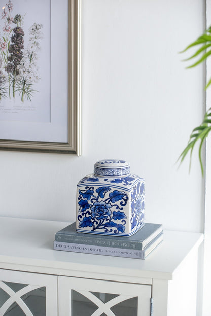 Hand Painted Square Ceramic Canister with Blue Floral Pattern - White & Blue