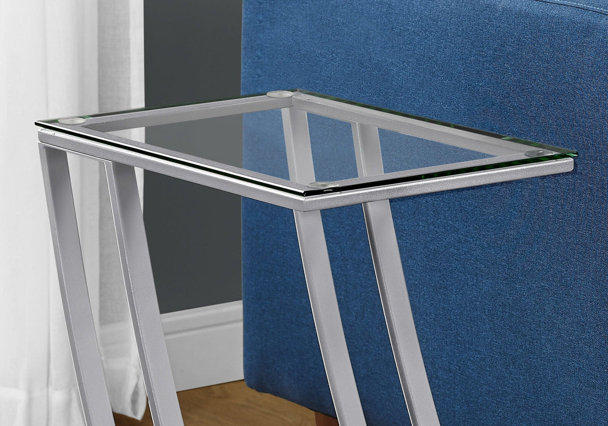 C-Shaped Accent Table with Glass Top and Metal Frame - Black or Gray