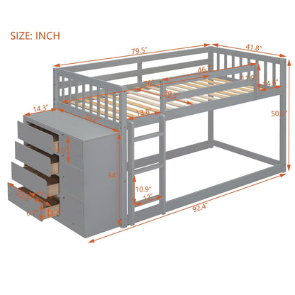 Bunk Bed With 4 Drawers and 3 Shelves - Solid Pine Wood