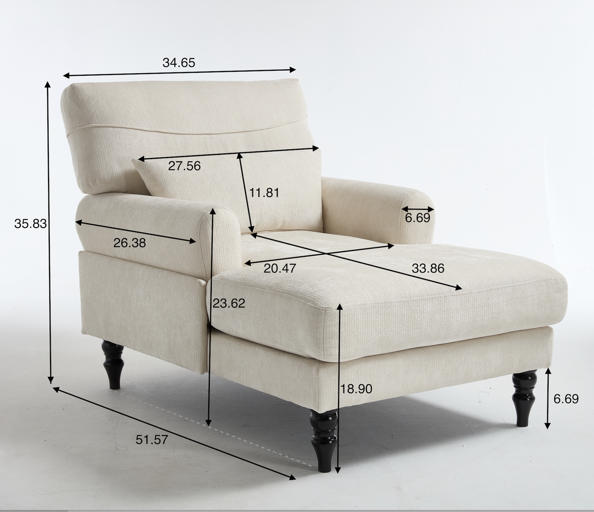 Modern Green Chaise Lounge Upholstered Sofa Recliner Chair with Solid Wood Frame