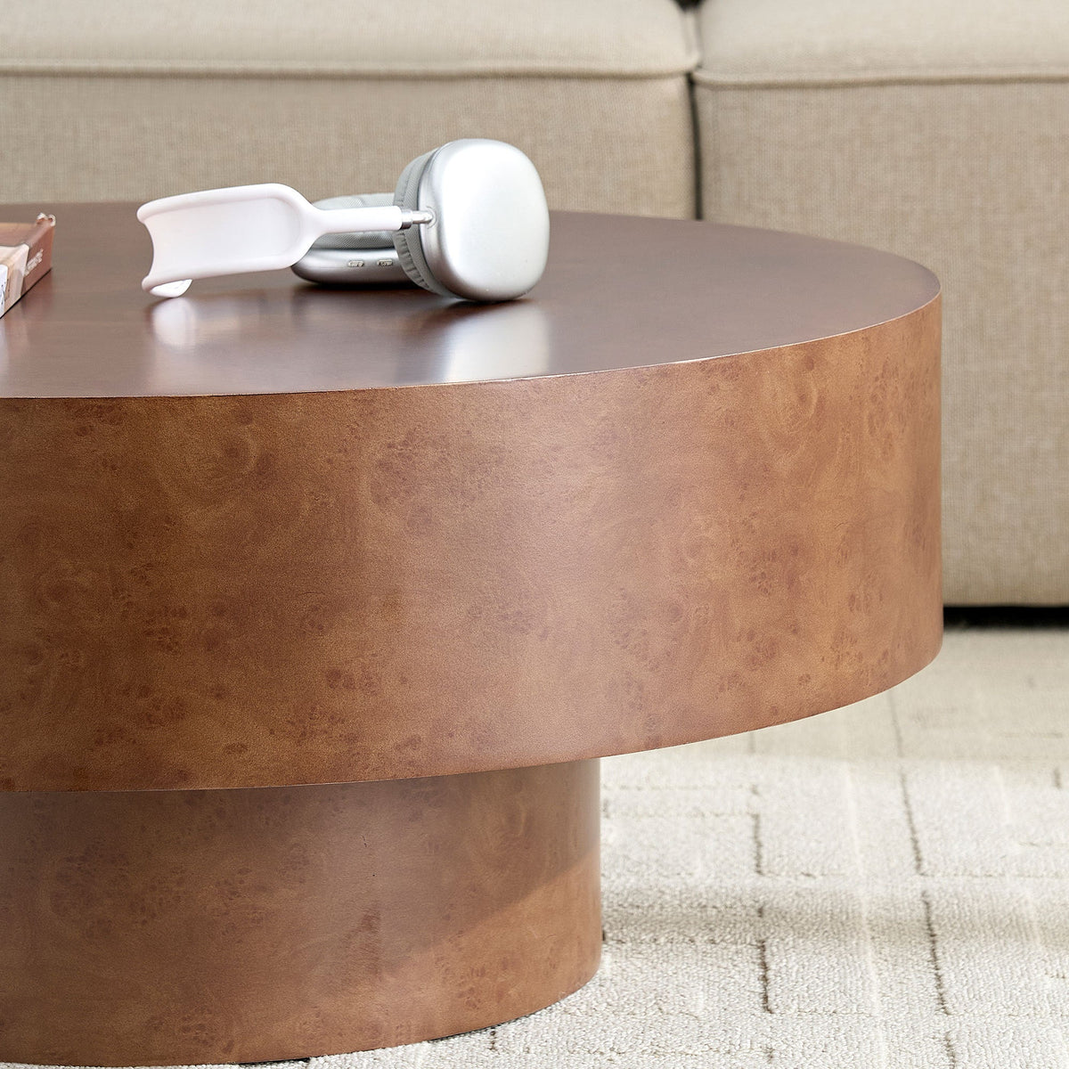 Faux Burl Wood Round Coffee Table with Sturdy Pedestal - Walnut
