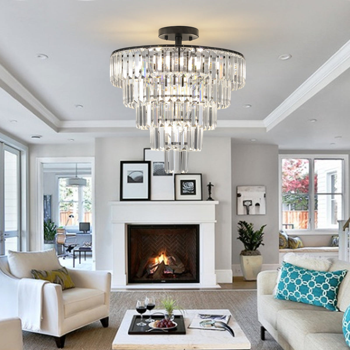 20" Black Crystal Chandelier with 10-Light Flush Mount - Black
