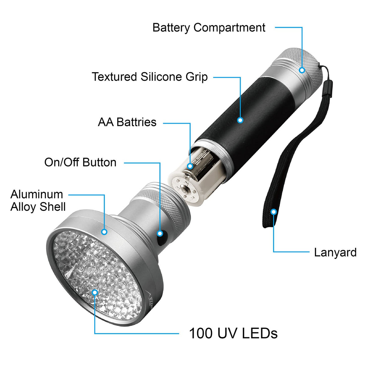 100-LED Blacklight Ultraviolet Detection Aluminum Flashlight