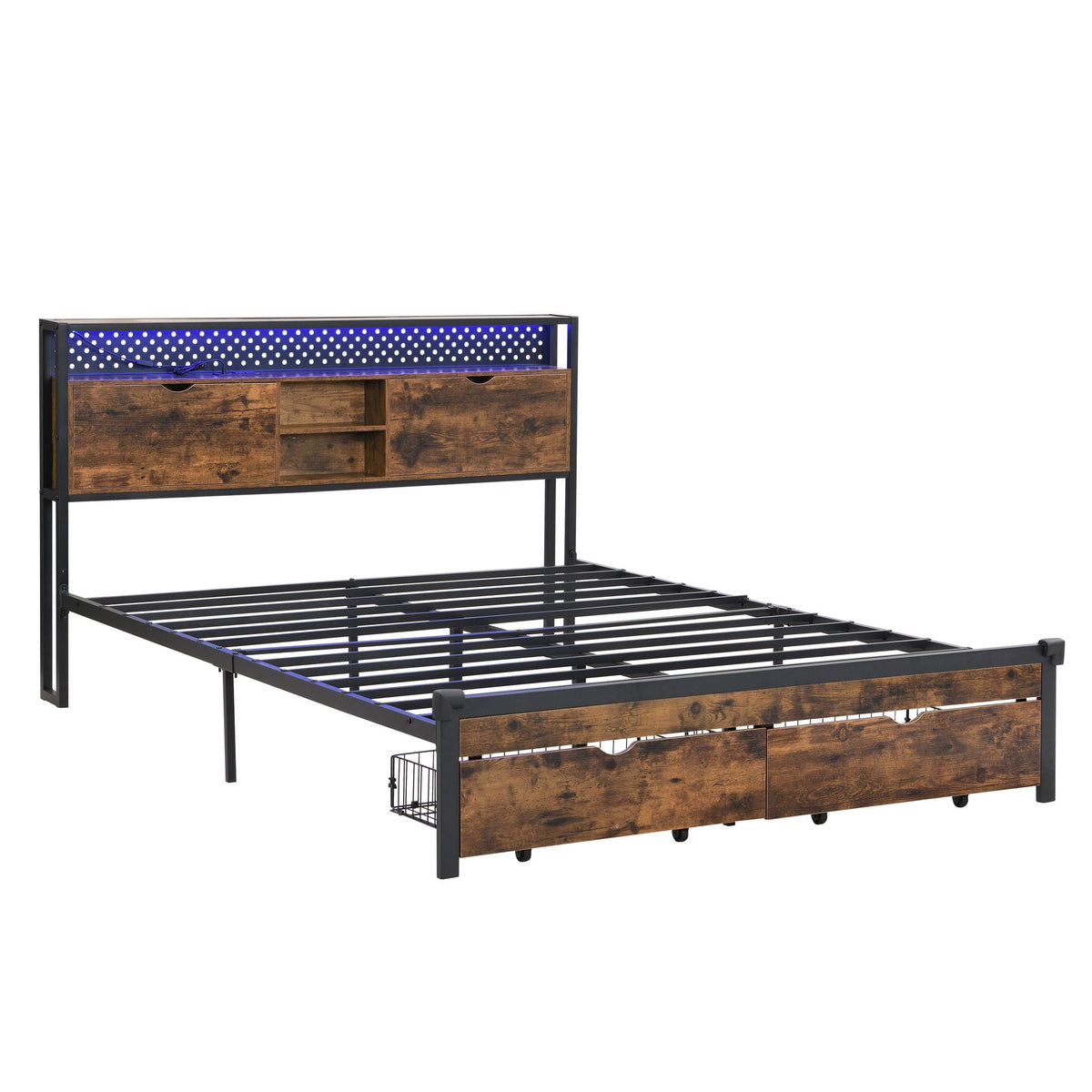 Modern Platform Storage Bed with USB Charging, Drawers & LED Lights - Dark Brown