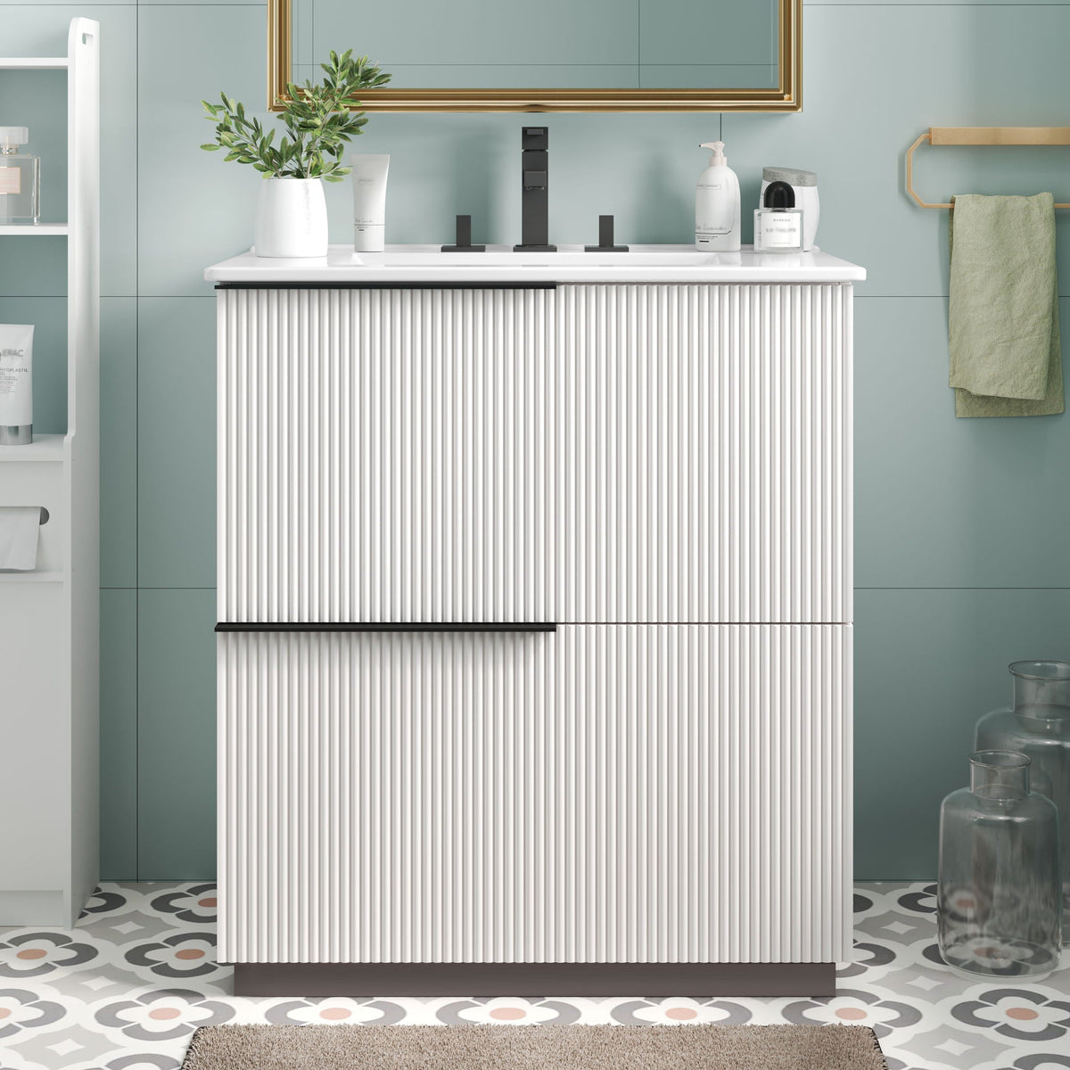 Fluted Bathroom Vanity with Ceramic Sink and Soft-Close Drawers - Light Brown, White, or Dark Green