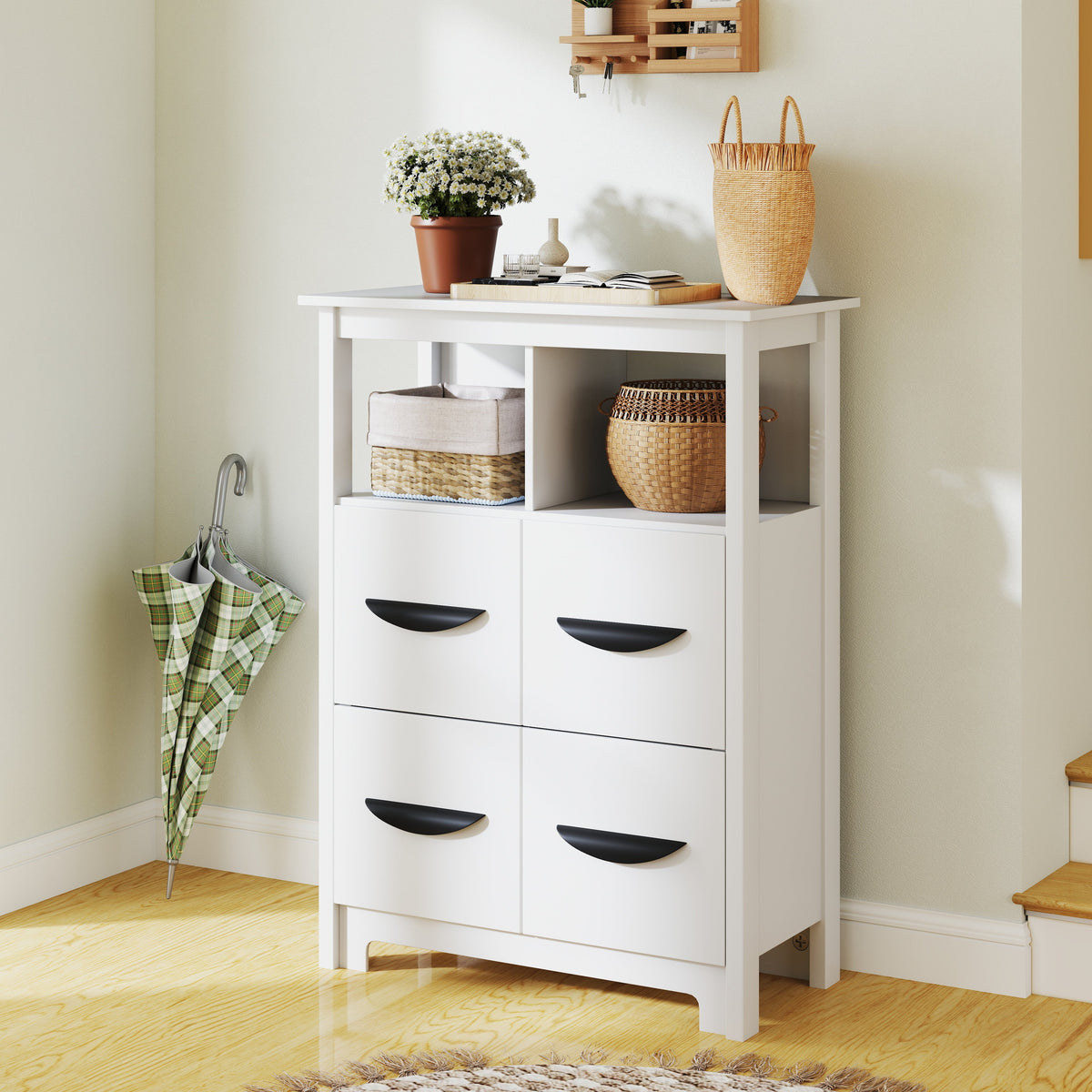 24 Inch Floor Cabinet with 2 Open Compartments and 2 Drawers-White