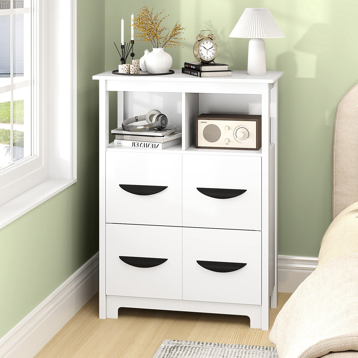 24 Inch Floor Cabinet with 2 Open Compartments and 2 Drawers-White