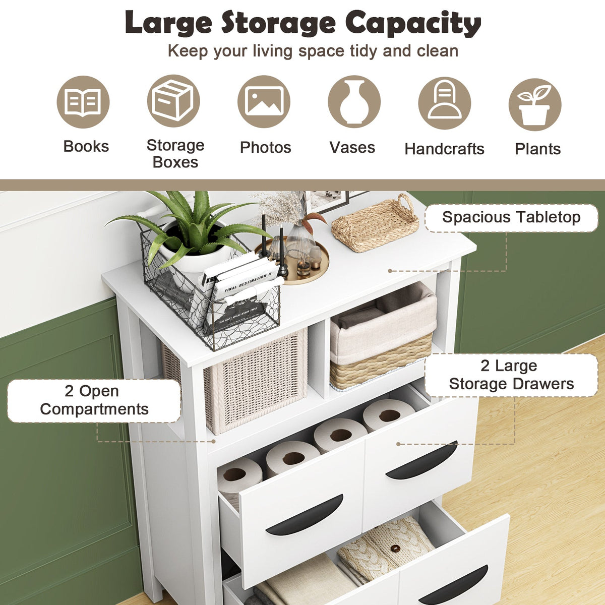 24 Inch Floor Cabinet with 2 Open Compartments and 2 Drawers-White