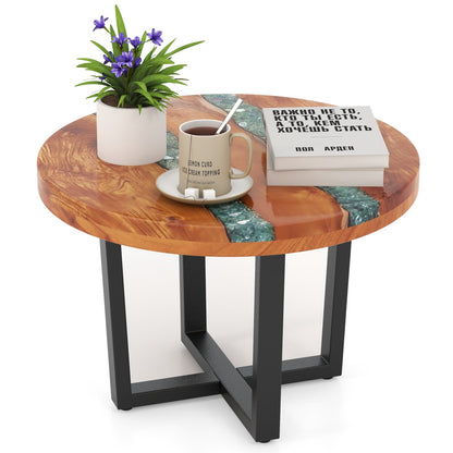 24 Inch Outdoor Solid Live Edge Round Teak Wood End Table with Epoxy Resin Tabletop
