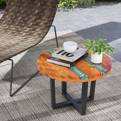 24 Inch Outdoor Solid Live Edge Round Teak Wood End Table with Epoxy Resin Tabletop