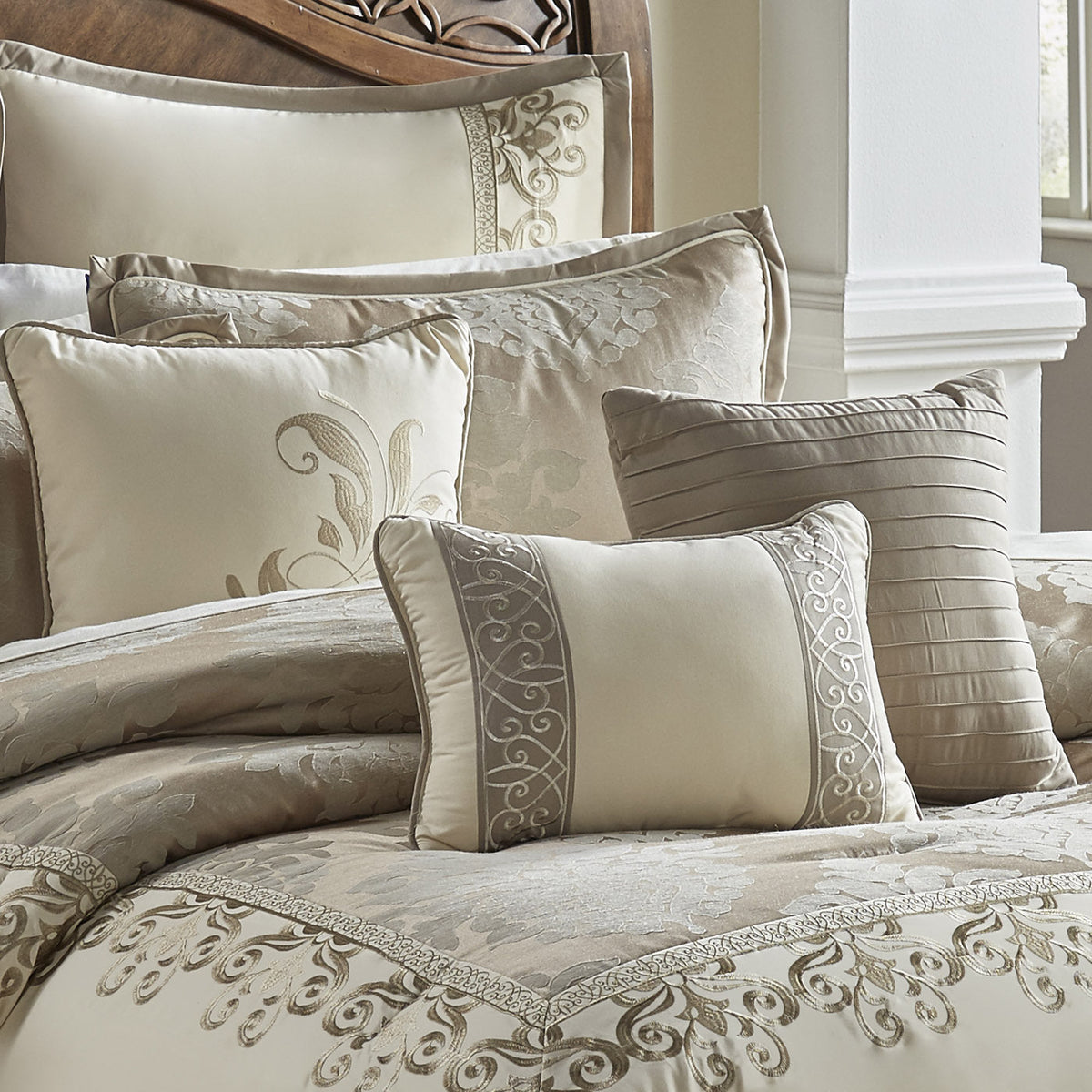 Ivory Damask Jacquard Comforter Ensemble with Embroidered Border - 9-Piece Set