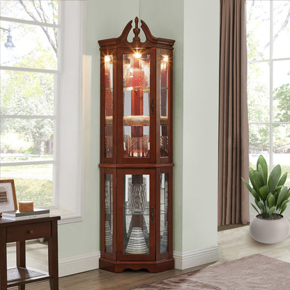 Corner Curio Cabinet with Lights and Adjustable Glass Shelves - Mirrored Walnut