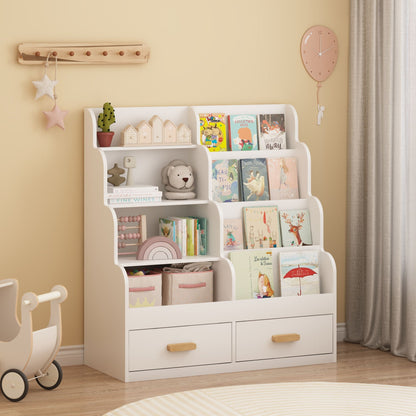 Bookshelf with 2 Storage Drawers, Front Facing Bookcase and Toy Organizer - White