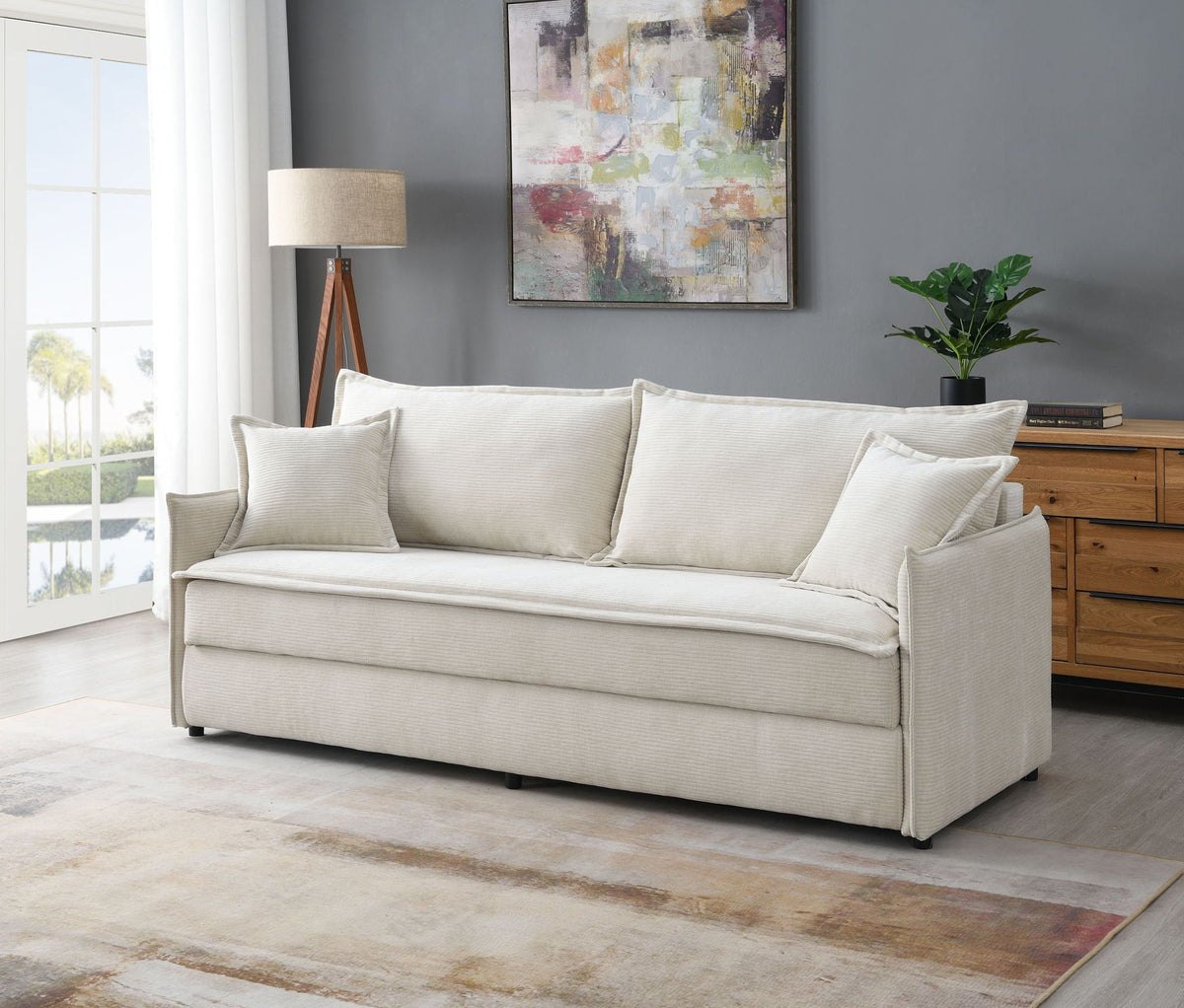 Beige Fabric Sleeper Sectional Sofa with Storage and 2 Toss Pillows - Elisea Collection