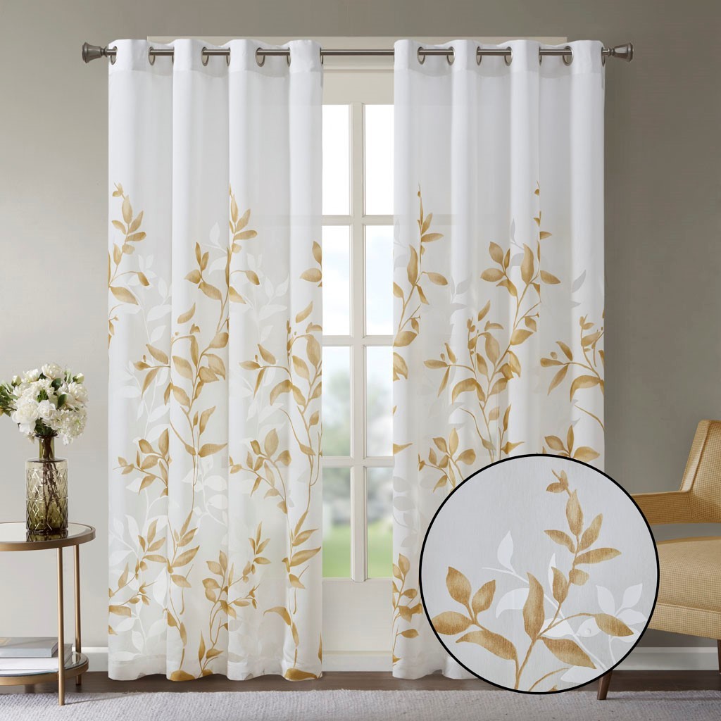 Burnout Printed Curtain Panel with Botanical Burnout Print - Ivory Gold