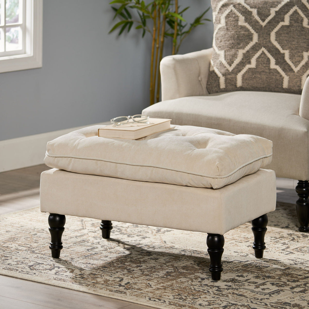 Lofton Pillow Top Ottoman with Button Tufting - Cream