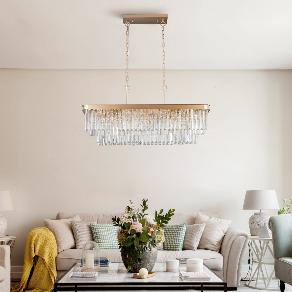 Rectangular Crystal Chandelier with Adjustable Height - Gold