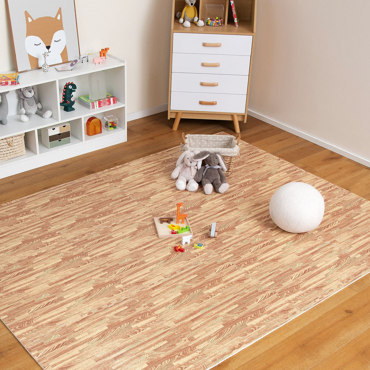 25 Tiles Wood Grain Foam Floor Mats with Borders- Natural