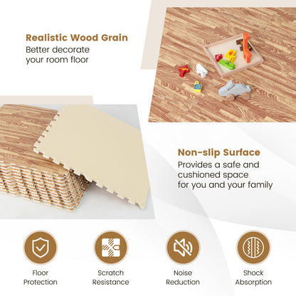 25 Tiles Wood Grain Foam Floor Mats with Borders- Natural