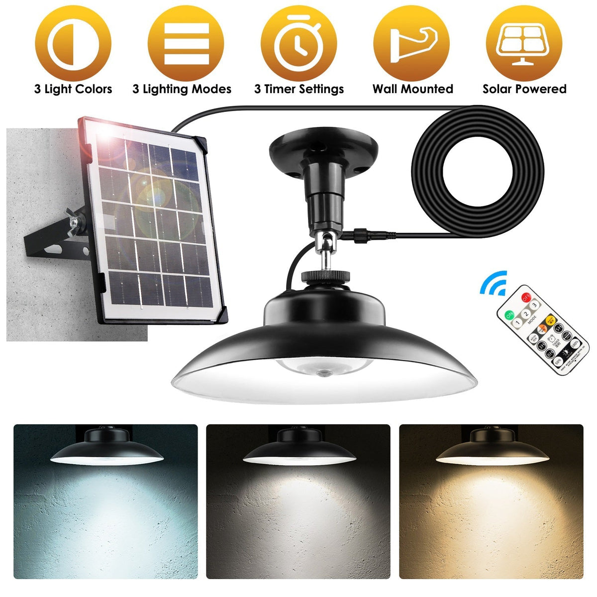 Solar Shed Light with Separate Panel Wall Mounted Solar Pendant Light Indoor Outdoor with Remote Timer 3 Modes 3 Light Colors IP 55 Waterproof for Gaz