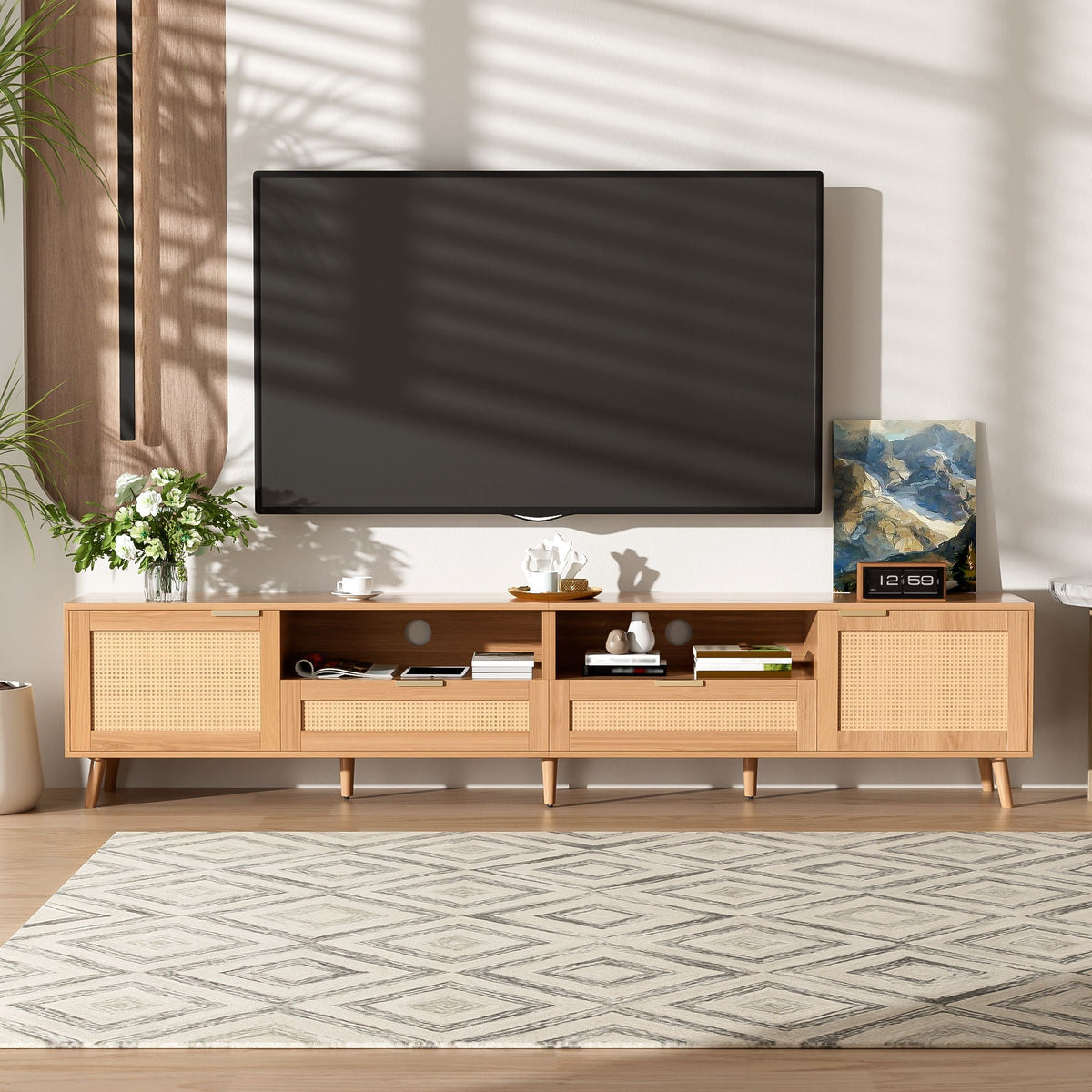 TV Stand Media Console with Cable Management - Light Brown or Black