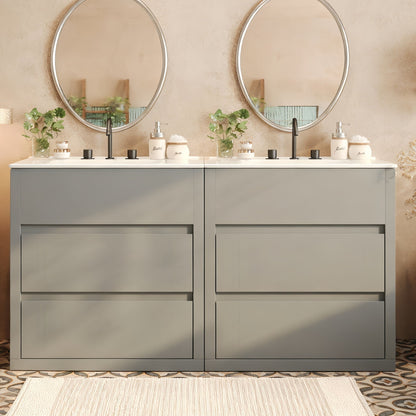 Double Sinks Bathroom Vanity Set with Ceramic Basins - Wood