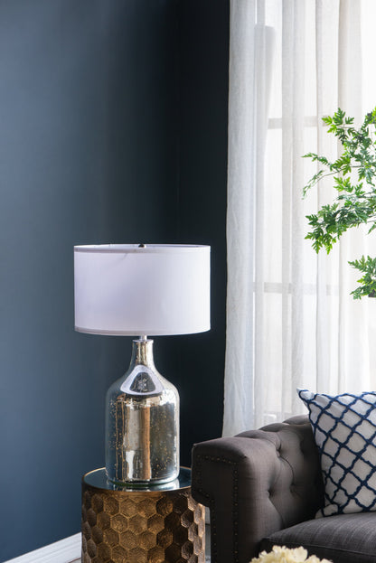 Silver Round Table Lamp with White Fabric Shade