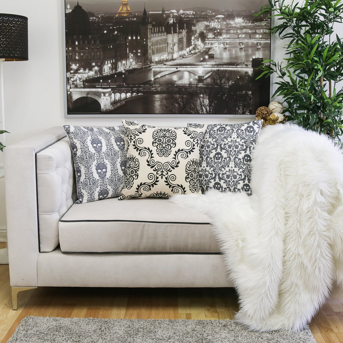 Baroque Skull Damask Accent Pillow with Removable Cover - Black & White