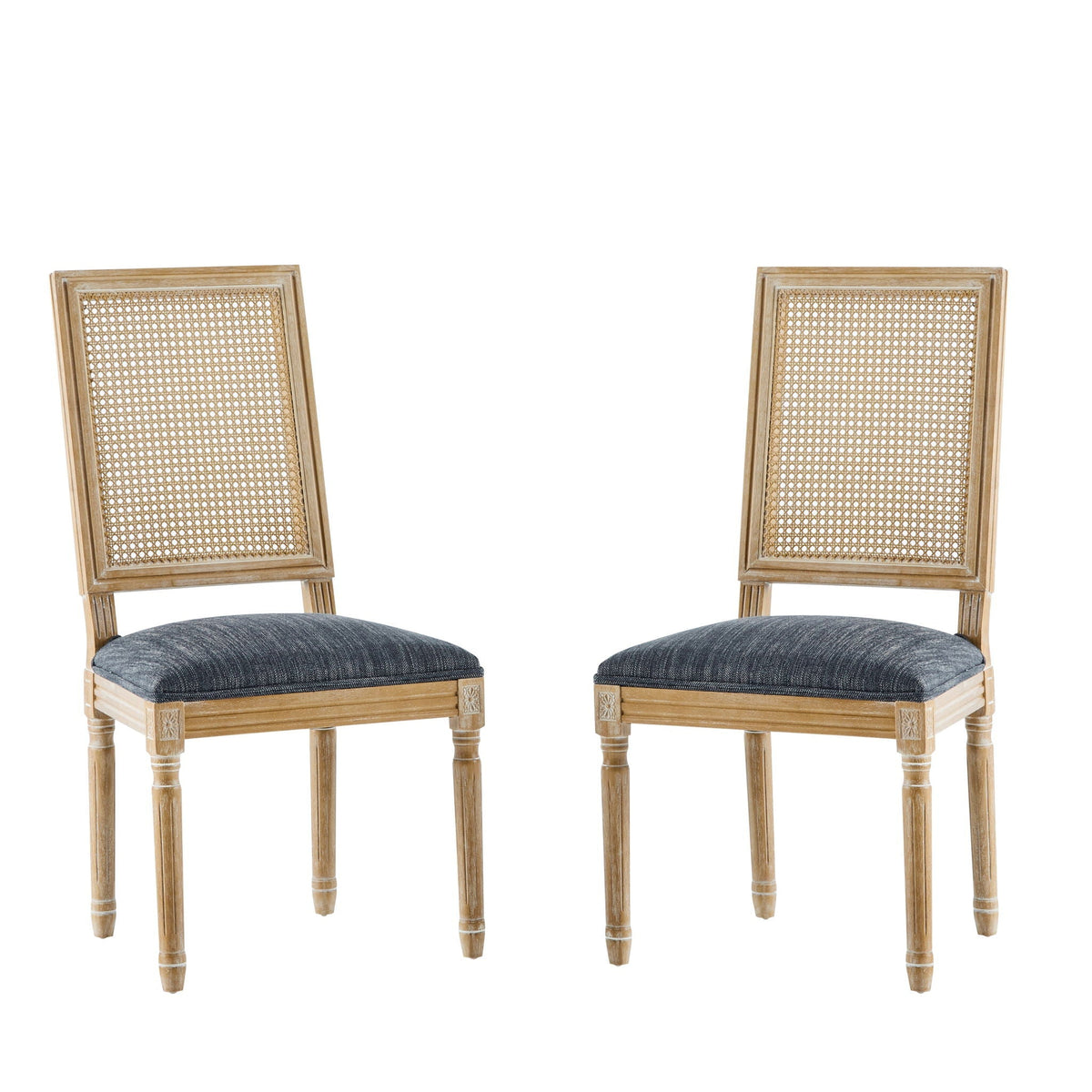 French Country Dining Chair with Rectangular Cane Backrest and Upholstered Seat