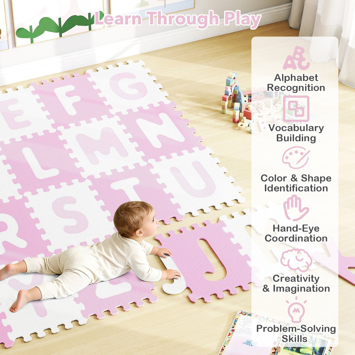 26 Pieces Interlocking ABC Play Mats with Detachable Letters