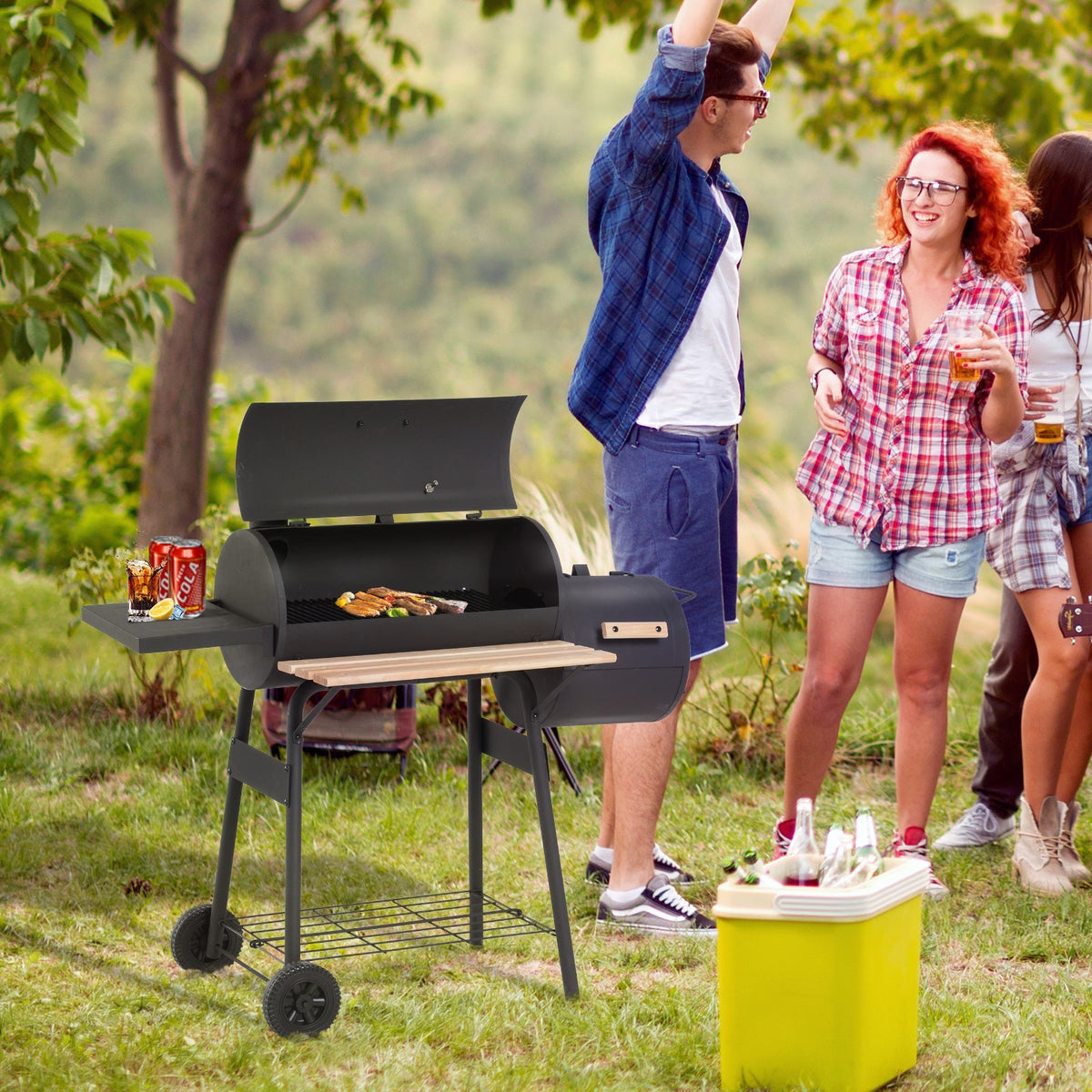 48" Steel Charcoal BBQ Grill and Offset Smoker Combo - Black