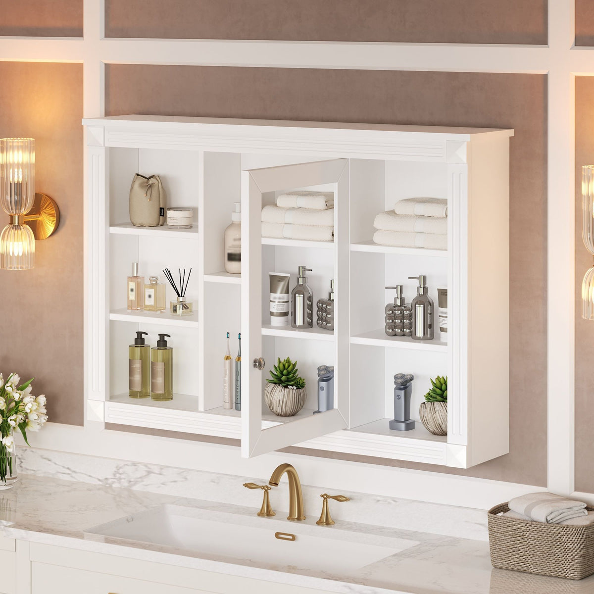Wall Mounted Bathroom Storage Cabinet with Mirror - White