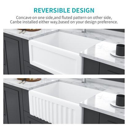 Apron Front Reversible Single Bowl Kitchen Sink with Grid and Strainer - White