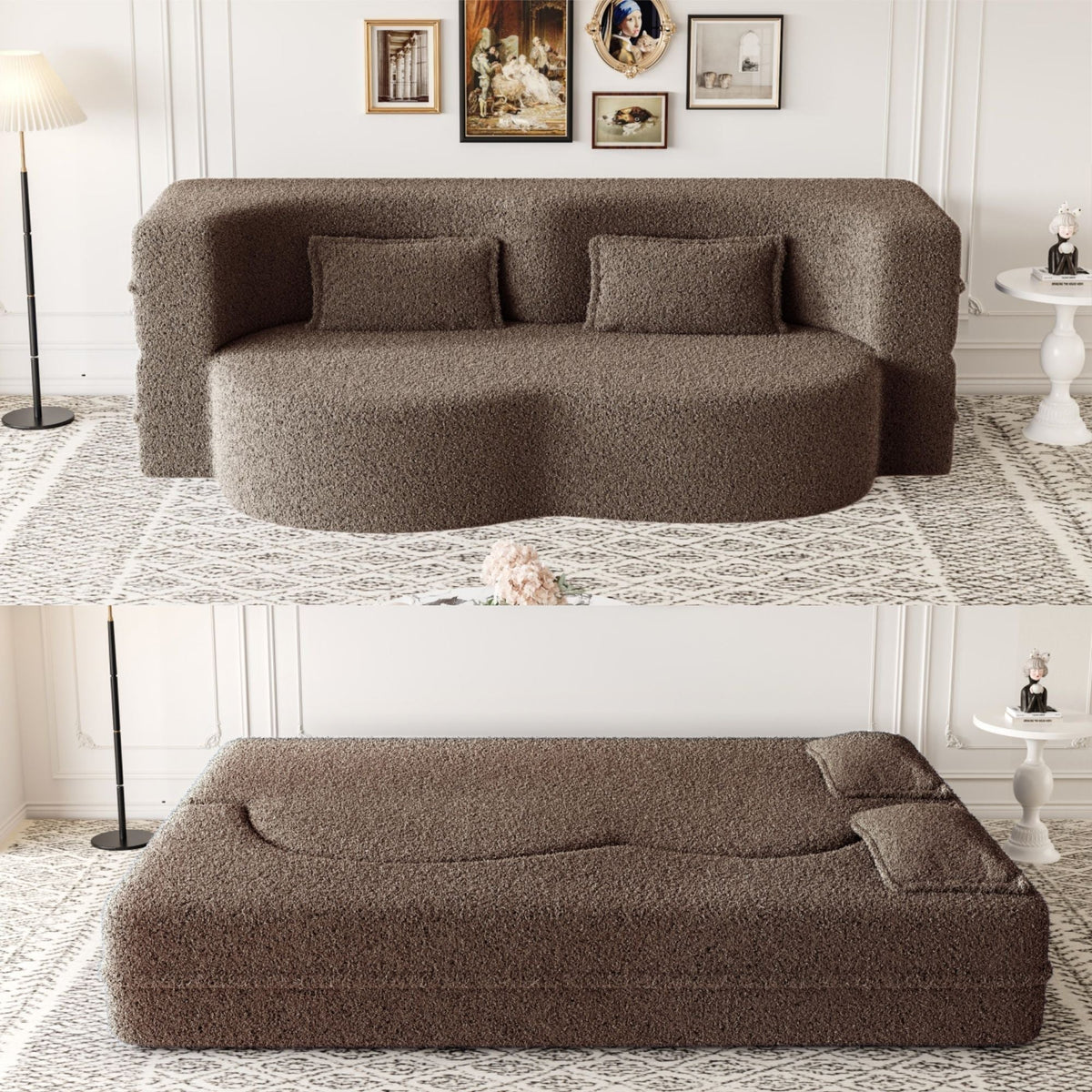Modern Floor Futon Sofa Bed with Teddy Fabric and Two Pillows - Multiple Colors