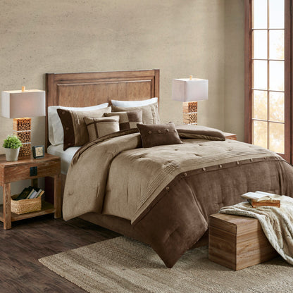 Brown Faux Suede 7 Piece Comforter Set with Decorative Pillows - King