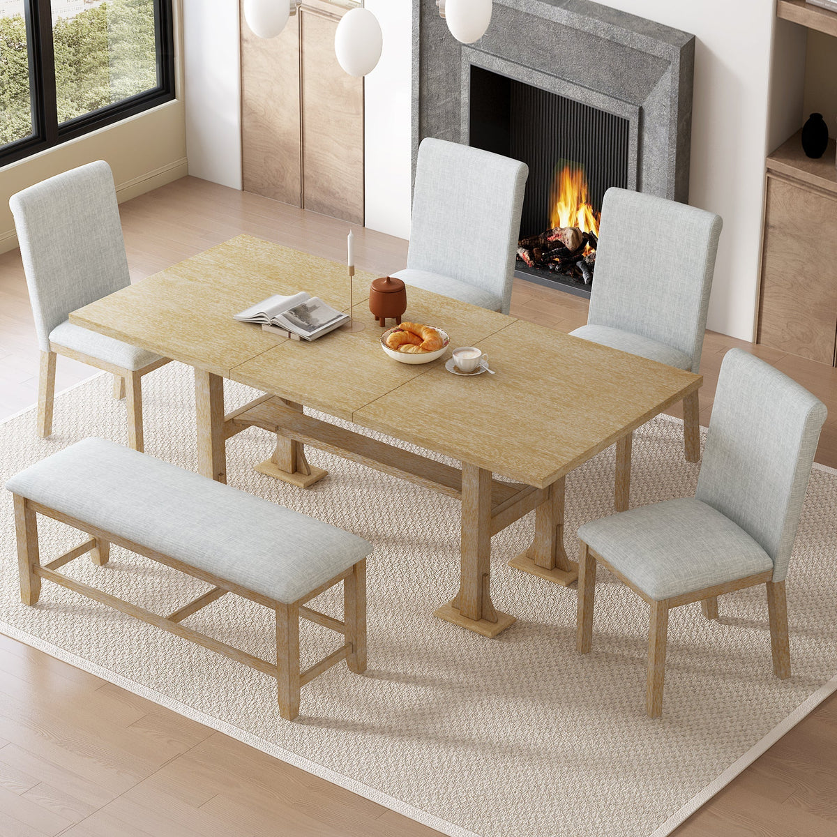 Natural Solid Wood Extendable Dining Set with Bench Seating - 6 Piece